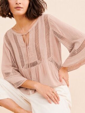 New - Anthropologie Daniel Rainn Crochet-Trim Peasant Blouse in Blush Pink